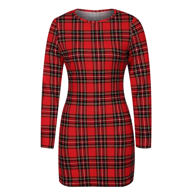 Women's Hip Hugging Casual Plaid Slim Fit Long Sleeve Dress Wine - Shop at LoveMi