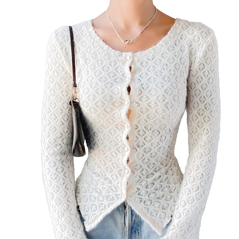 Fashion Slim Jacquard Lace Long Sleeve Cardigan Top