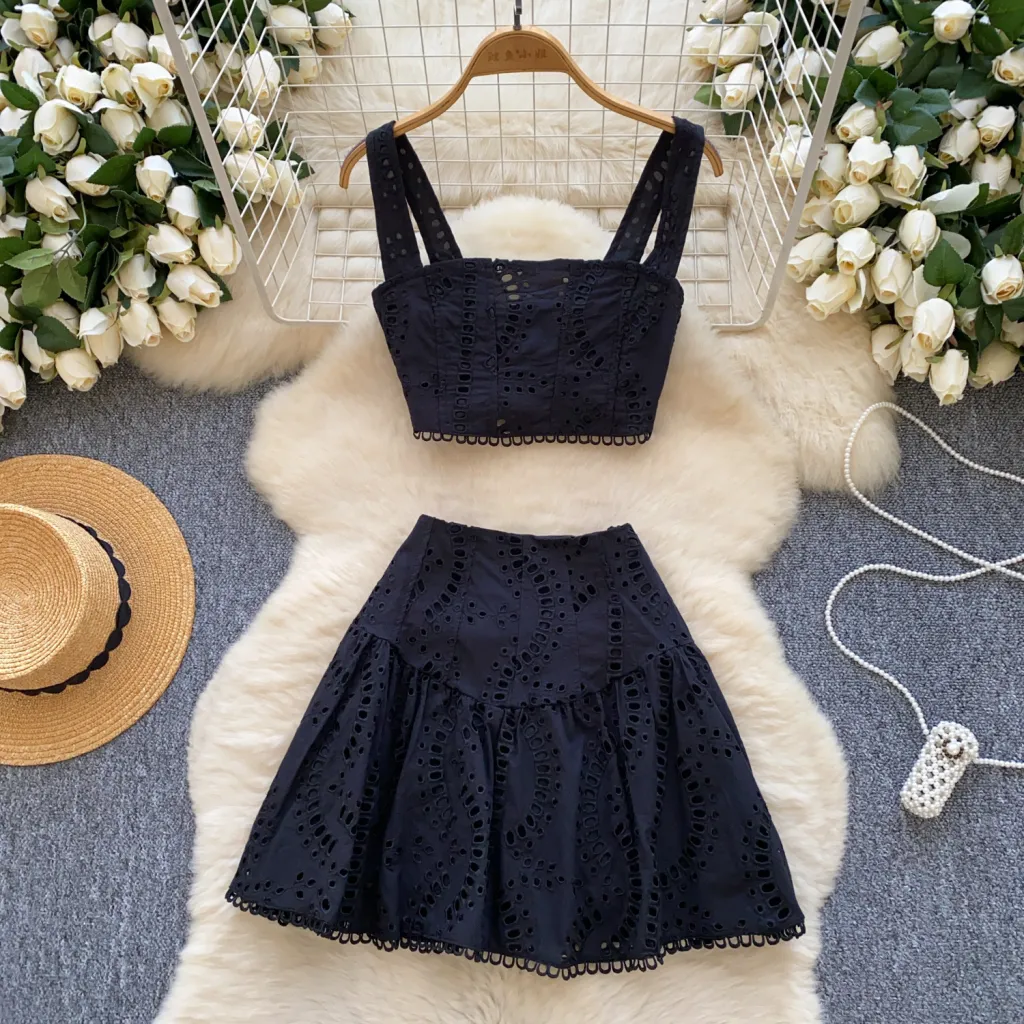 European And American Hot Girls Hollow Embroidery Suit - Black