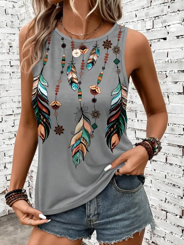 Women's Feather Print Vest Summer Print Gray - Shop at LoveMi