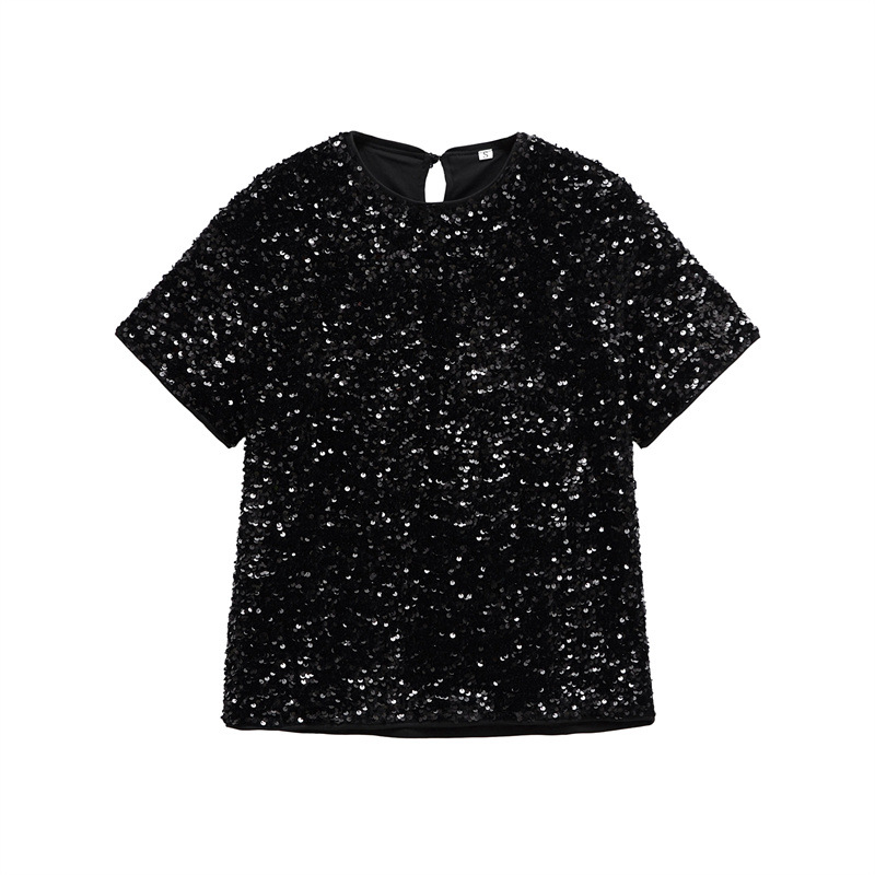 Retro Loose Mid-length Sequined Velvet Short Sleeve
