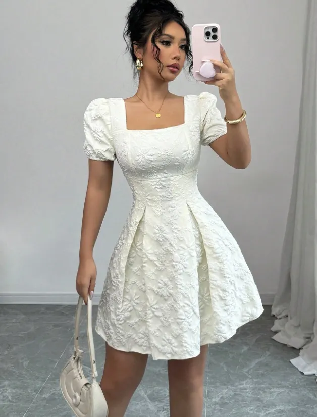 Elegant Jacquard Solid Color Puff Sleeve Square Neck Dress White - Shop at LoveMi