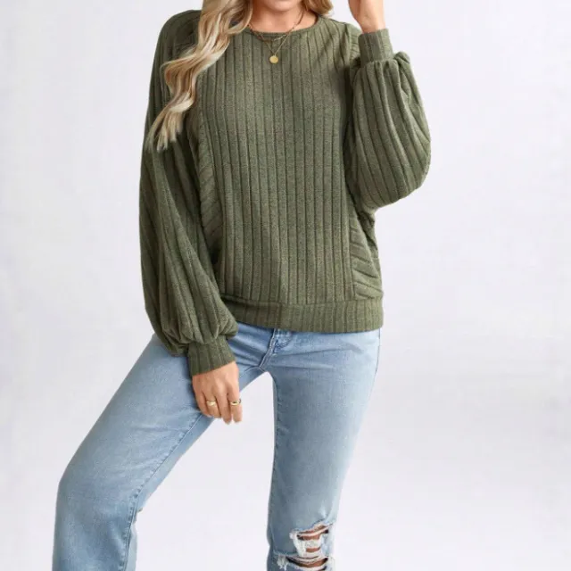 Round Neck Solid Color Rib Fabric Loose Long Sleeve Top Women's Clothing Army Green - Shop at LoveMi