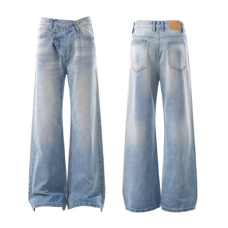 American-style Vintage Fade-washed Blue Straight-leg Jeans