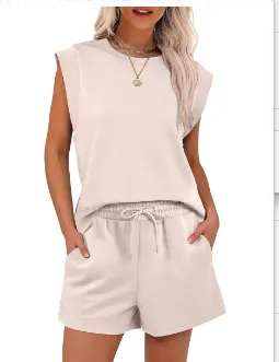 Round Neck Cover Sleeve Top With Pockets Shorts Suit Beige - Shop at LoveMi