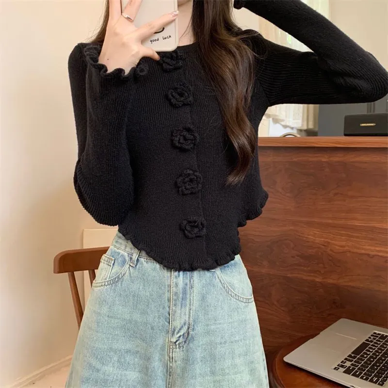 Inner Flower Long Sleeve Sweater Bottoming Shirt Top - Black