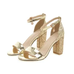 High Heel Chunky Heel Sequined Plus Size Hollow-out Sandals - Gold - View 1