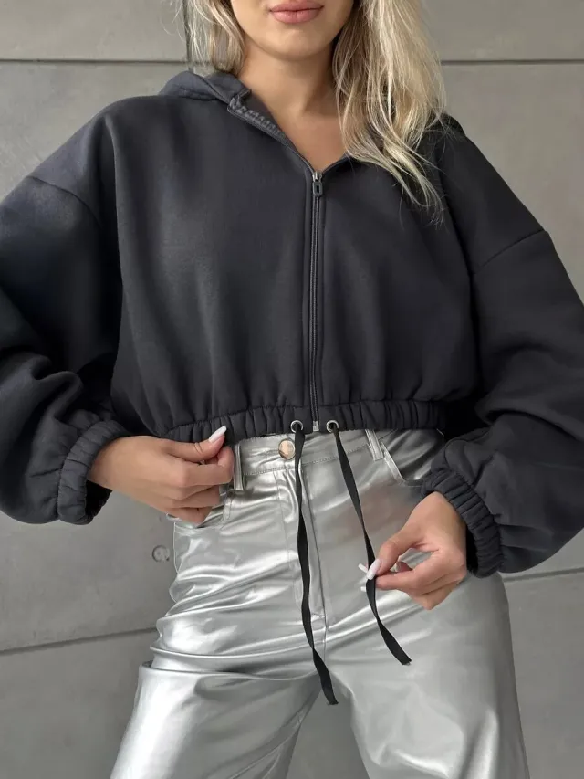 Cropped Fitted Hoodie With A Drawstring Hood And Long Sleeves Perfect For Casual Wear Gray - Shop at LoveMi