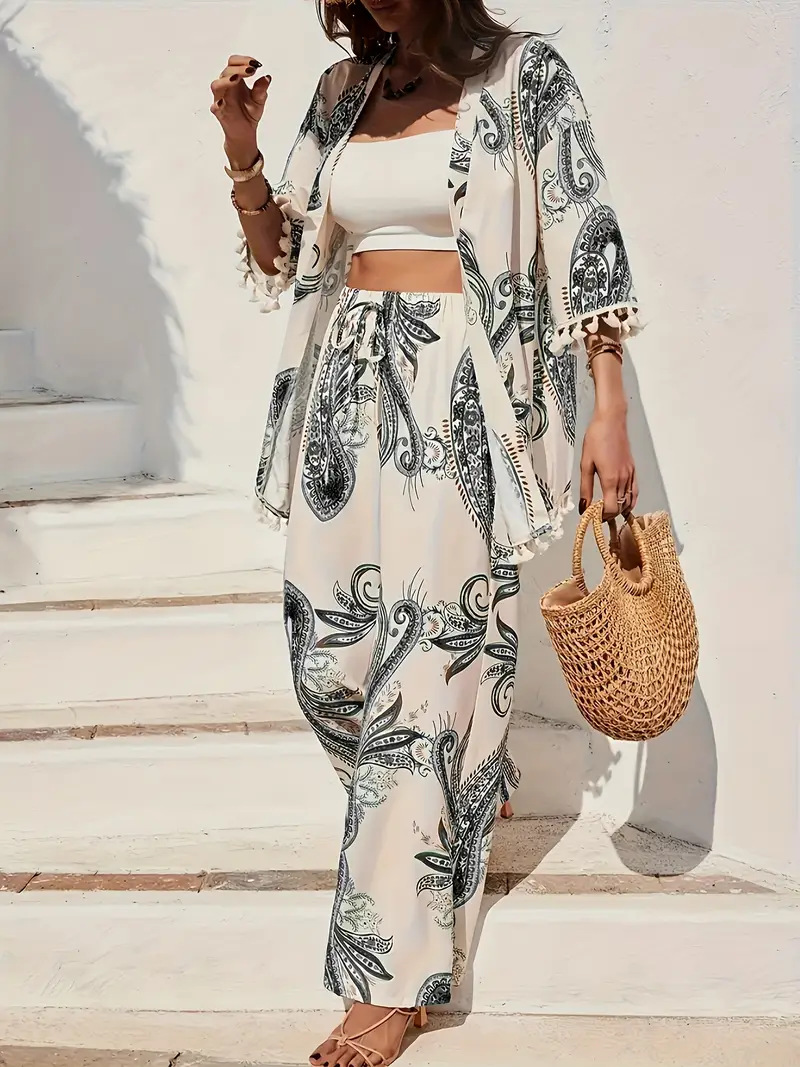 Women's Loose-fit Printed Outfit Cardigan With Fringed Hem And Wide-leg Pants Set - Image 7