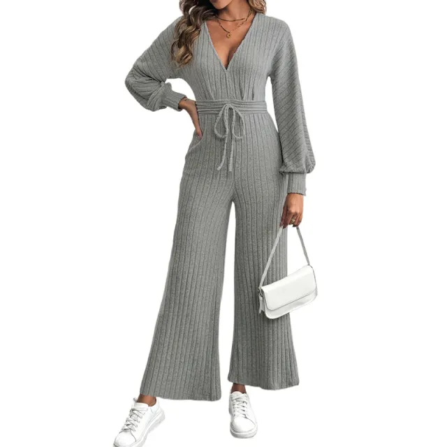 V neck Lace up Batwing Sleeve Solid Color Wide Leg Jumpsuit Gray - Shop at LoveMi
