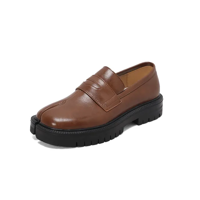 Spring And Autumn British Split Toe Loafers Loafers Trotter Vintage Leather Shoes Slip on Platform Shoes Brown - Shop at LoveMi
