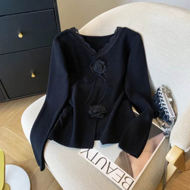 Lace V neck Long sleeve Knitwear Women's Button Design Slim Top Black - Shop at LoveMi