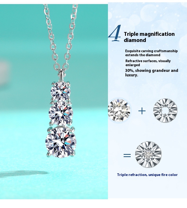 S925 Silver Moissanite Three Diamond Pendant Fashion Necklace