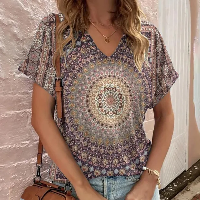Womens Bohemian Style Printed Short Sleeve V Neck Blouse Ertyrcv21 M - Shop at LoveMi