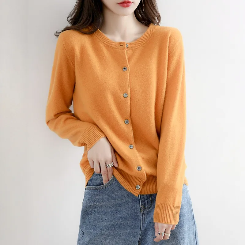 New Thin Round Neck Sweater Coat Short Outer Tops - Turmeric-S