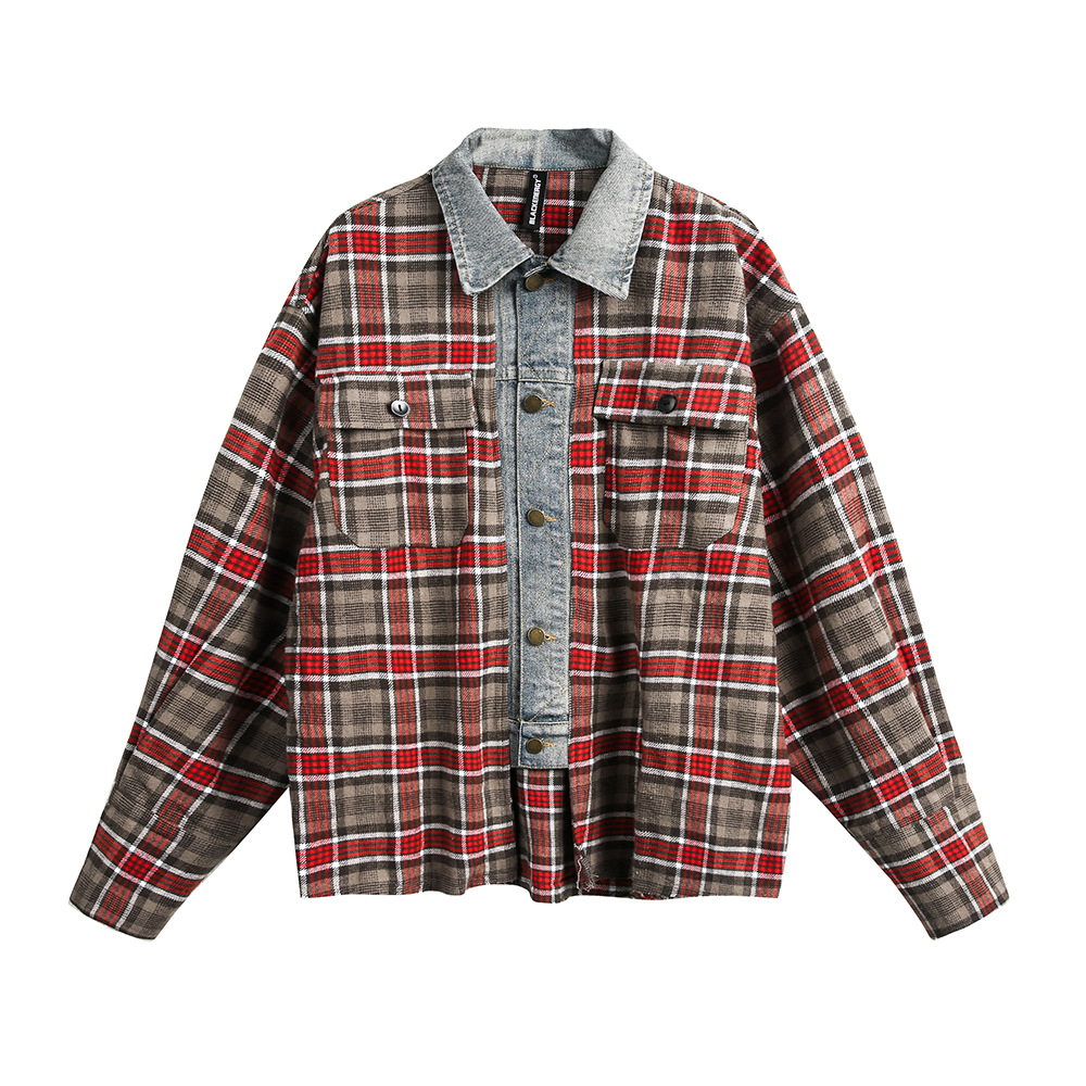 Mens Retro American-Style Plaid Loose-Fit Long-Sleeve Shirt