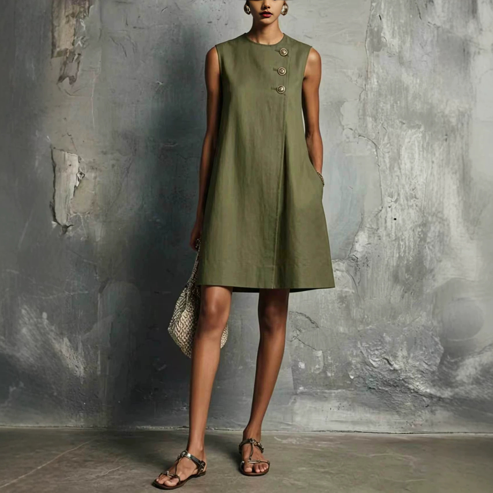 Asymmetrical-button Side-pocket Sleeveless Dress