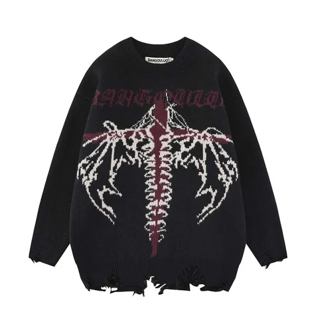 American style Vintage Cross Jacquard Round Neck Loose Sweater Dark Crocheted Broken Sweater Black - Shop at LoveMi