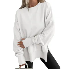 Loose Sweater Side Slit Patchwork Round Neck Bat Sleeve Velvet Hoodie - White - View 1