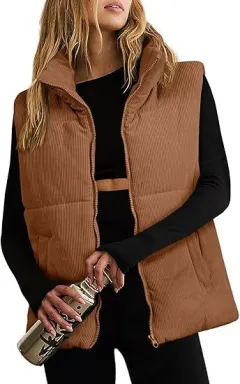 Women's Fashion Leisure Corduroy Plaid Zipper Cotton Vest - Brown - View 1
