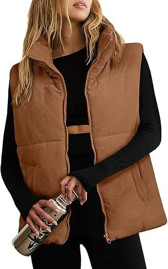 Women's Fashion Leisure Corduroy Plaid Zipper Cotton Vest Brown - Shop at LoveMi