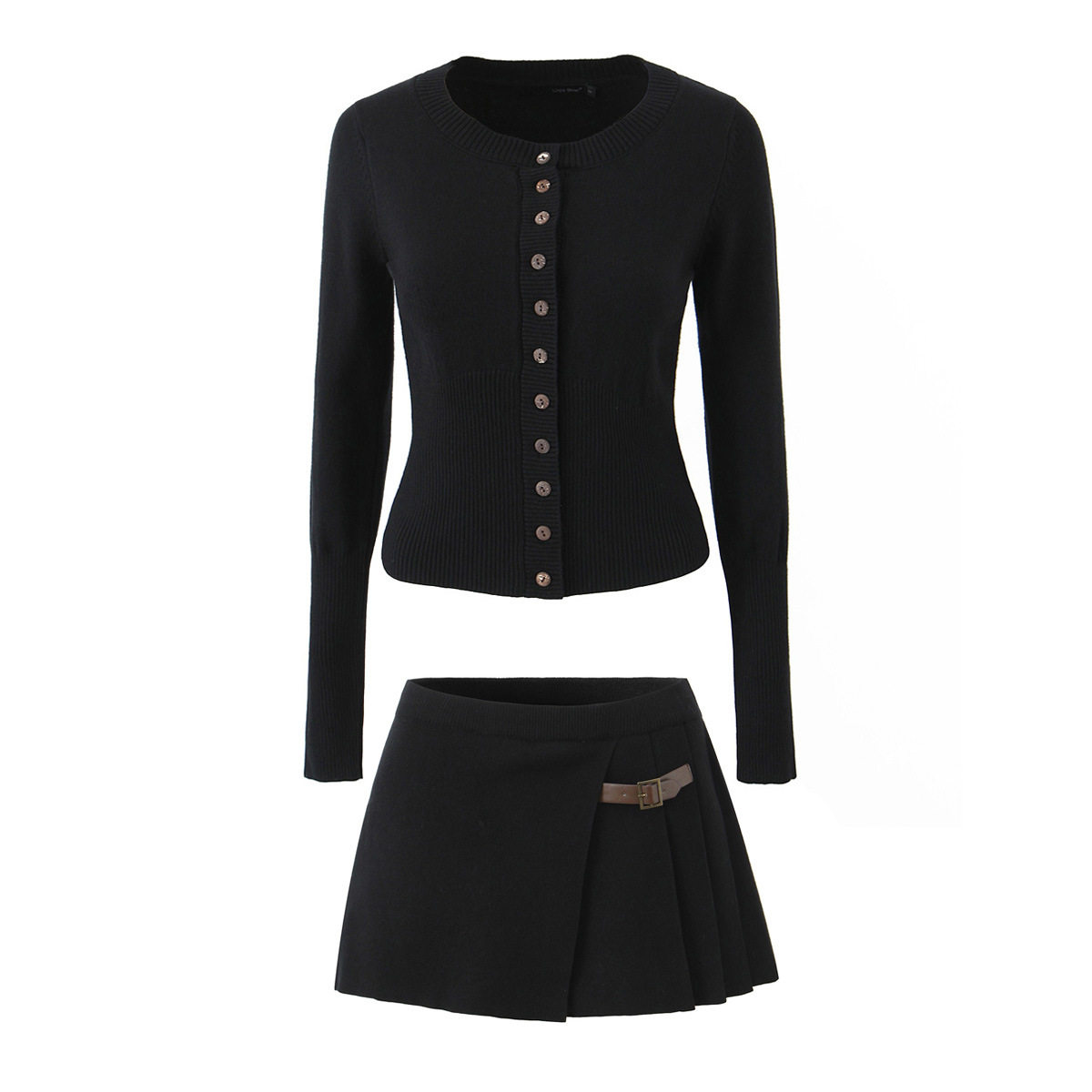 Slim Breasted Knitted Cardigan High Waist Leather Ring Pleated Skirt