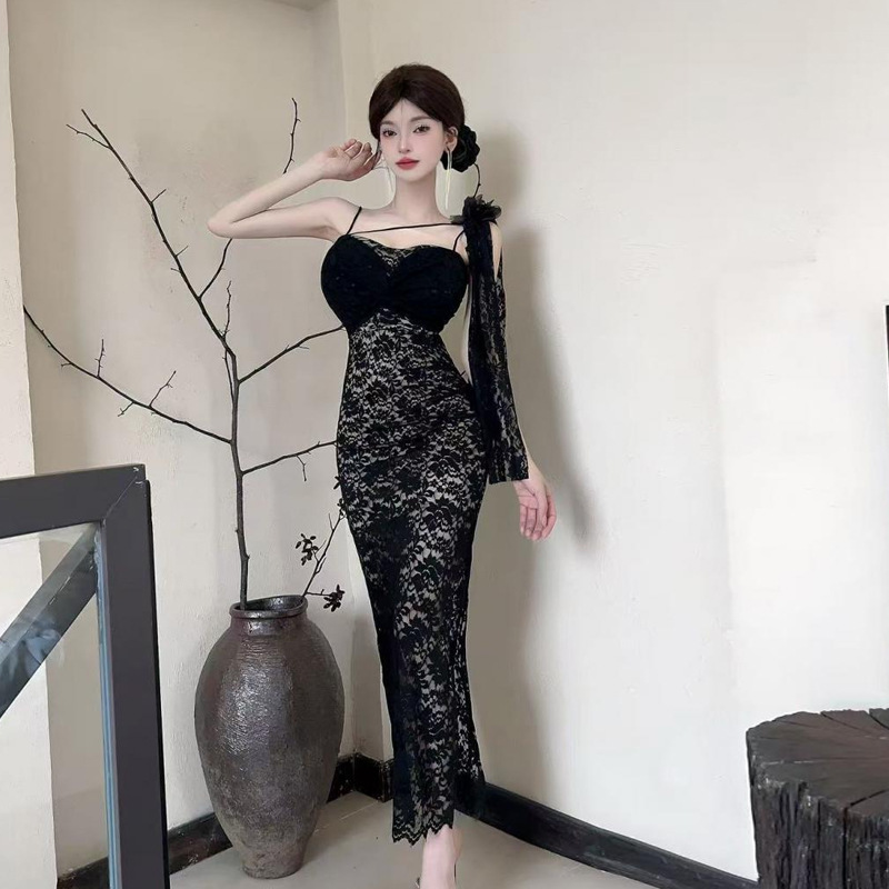 Women's Sexy Lace Long Sling Waist Hip Skirt Polyester Dress Black - Shop at LoveMi