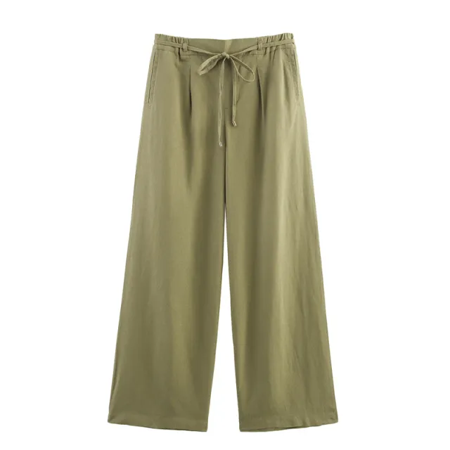 Solid Color Casual Loose Linen Wide leg Pants Army Green - Shop at LoveMi