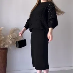 Autumn New Solid Colour Hollow Round Neck Top Casual Knitted Skirt Suit - Black - View 1