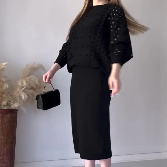 Autumn New Solid Color Hollow Round Neck Top Casual Knitted Skirt Suit Black - Shop at LoveMi
