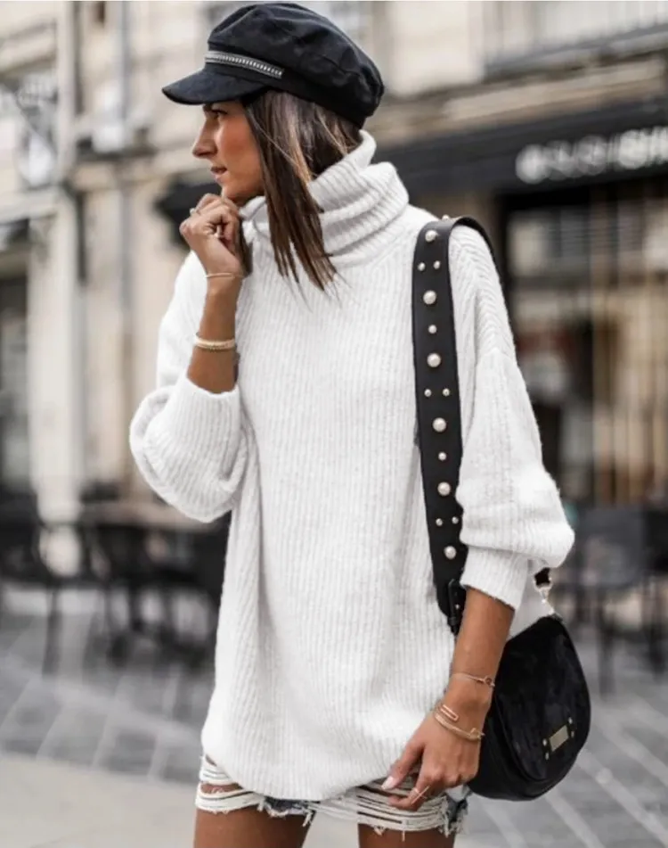 European And American Pullover Mid-length Women's Sweater Dress - White