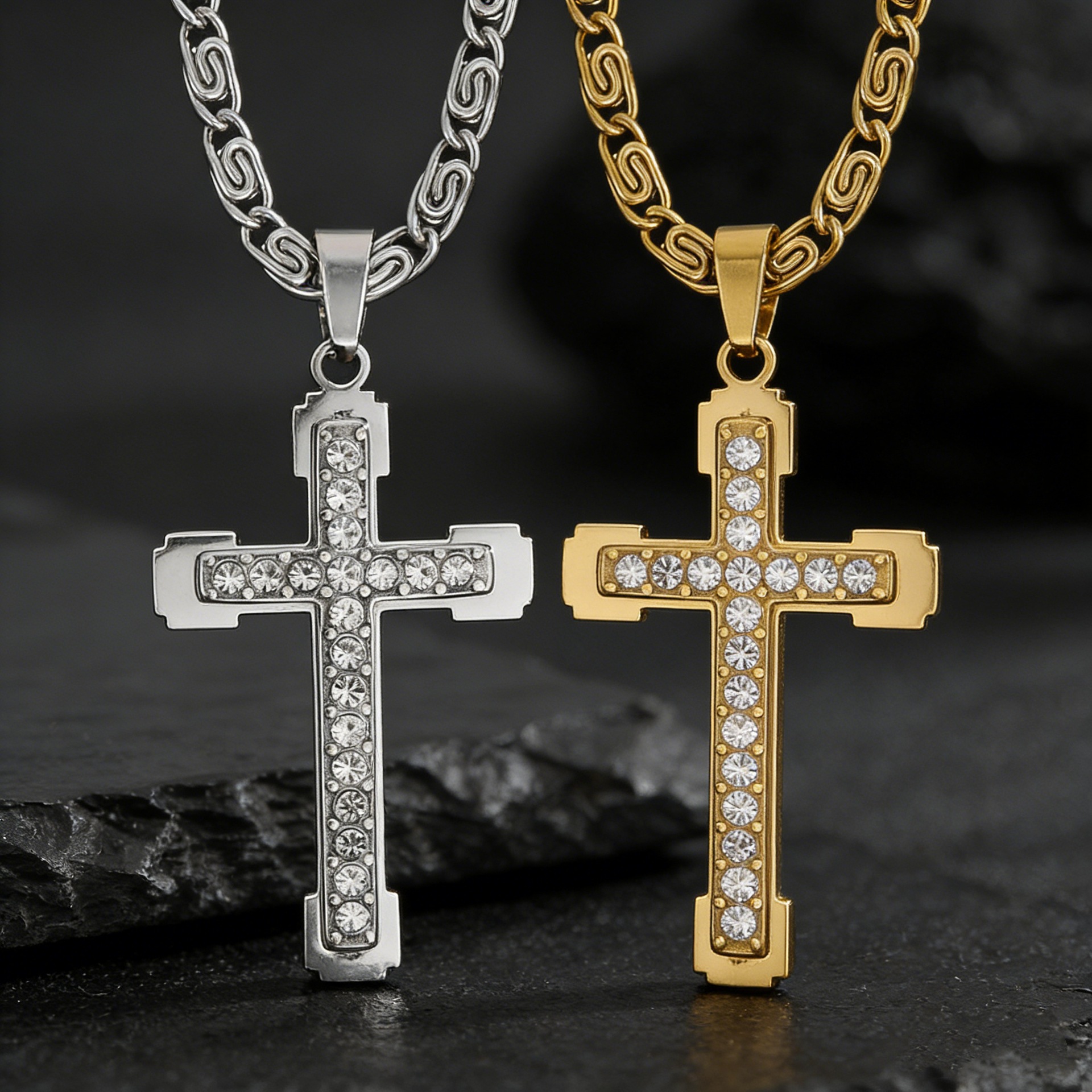 Stainless Steel Pendant Cross Double-Layer Diamond-Inlaid Necklace Clavicle Chain