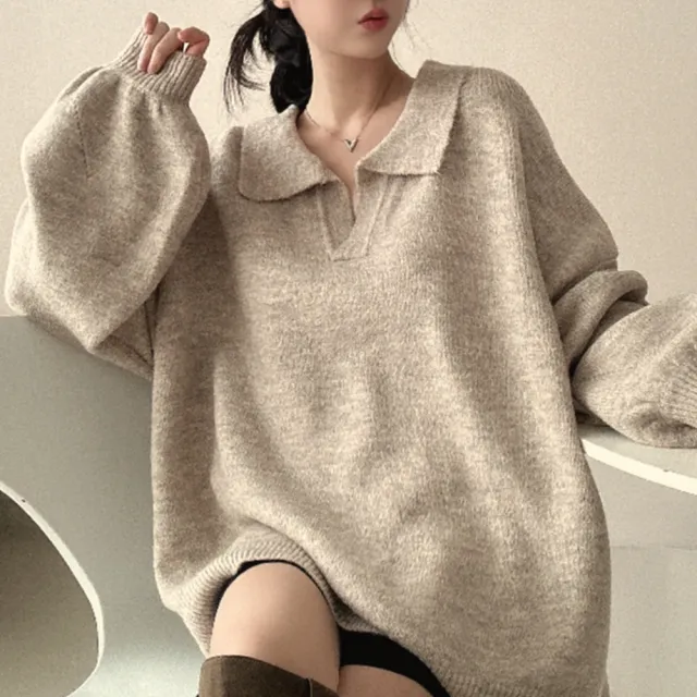Idle Style Loose Mid length Pullover Sweater Velvet Polo Collar Sweater Oatmeal Color - Shop at LoveMi