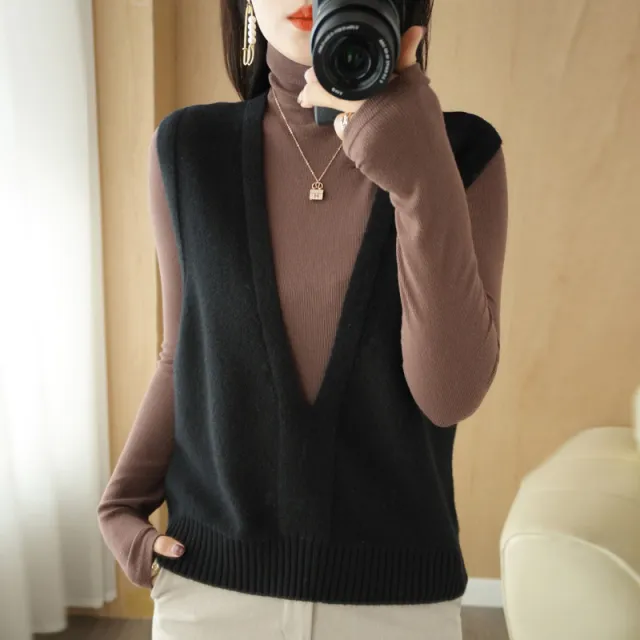Solid Color Pullover Outerwear Knitted Vest Obsidian Black - Shop at LoveMi