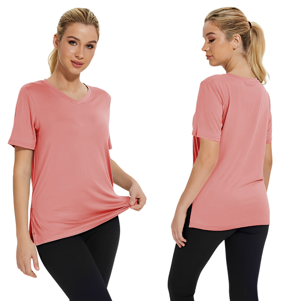 Short Sleeve Loose Split Top Solid Color Women's Clothing A Single Piece Of Pink - Shop at LoveMi