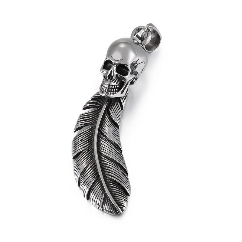 Stainless Steel Skull Retro Personalized Feather Pendant