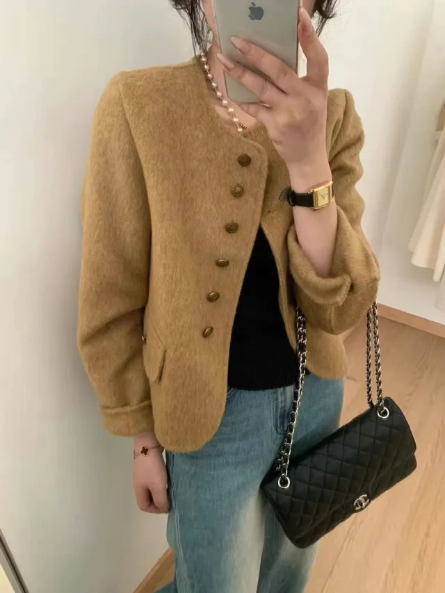 High Sense Short Temperamental Crew Neck Coat Women Maple Leaf Yellow - Shop at LoveMi