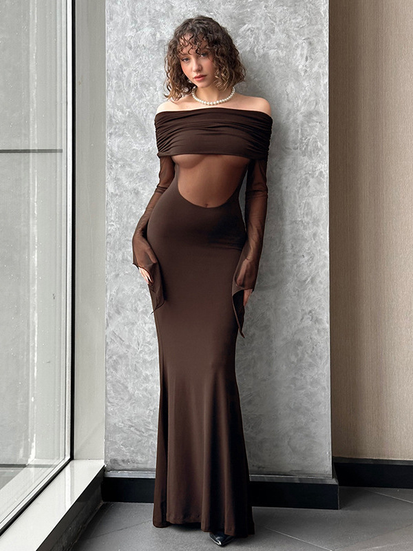 Sheer Mesh Panel Bodycon Dress For Women Brown - Shop at LoveMi
