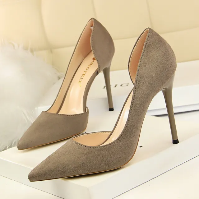 European And American Style Simple Suede Pointed High Heels Khaki - Shop at LoveMi