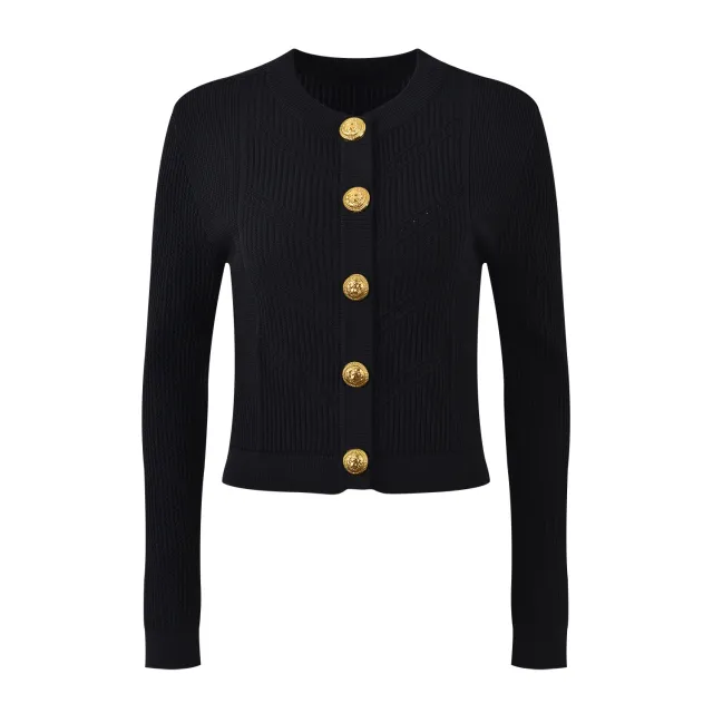 New Round Neck Metal Button Knitted Top Mid length Dress Set Long Sleeve Black - Shop at LoveMi