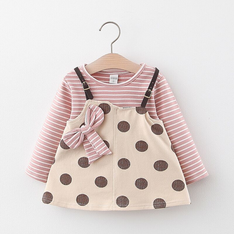 Children's Solid Color Stripes Splicing Sling Dots Fake Two-piece Skirt - Image 18