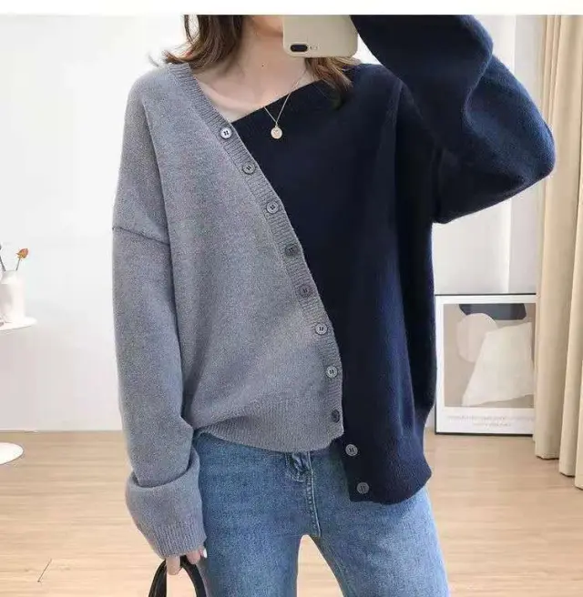 Diagonal Button Design Sense Contrast Color Long Sleeves Knitwear For Women Gray Blue - Shop at LoveMi
