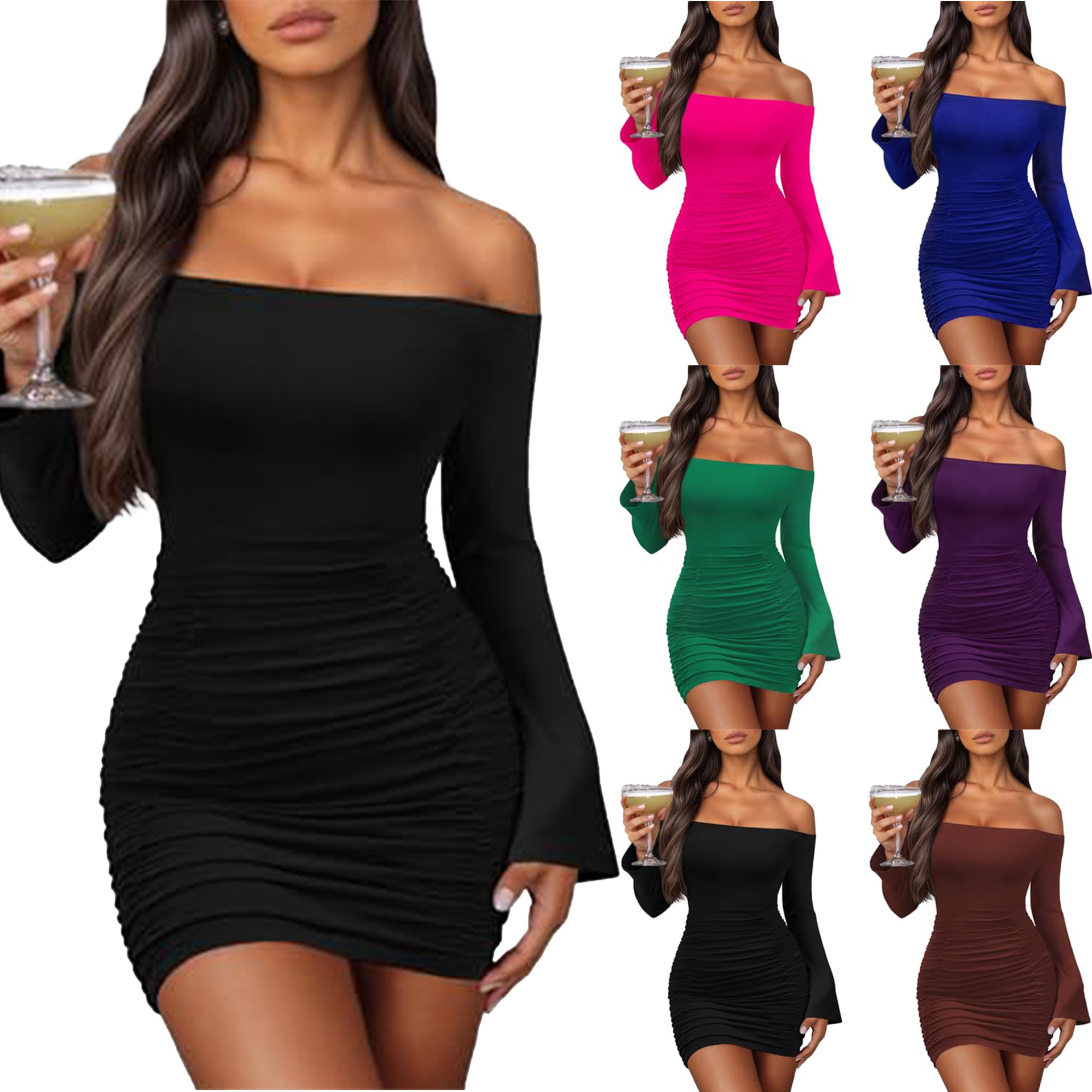 Hip-hugging Pleated Solid Color Dress