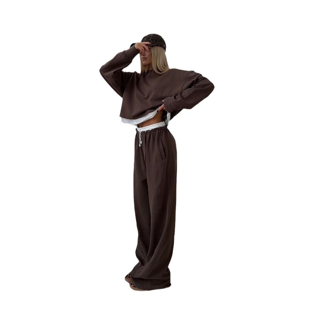 Solid Color Long Sleeve Round Neck False Two Pieces Sweater Suit Women