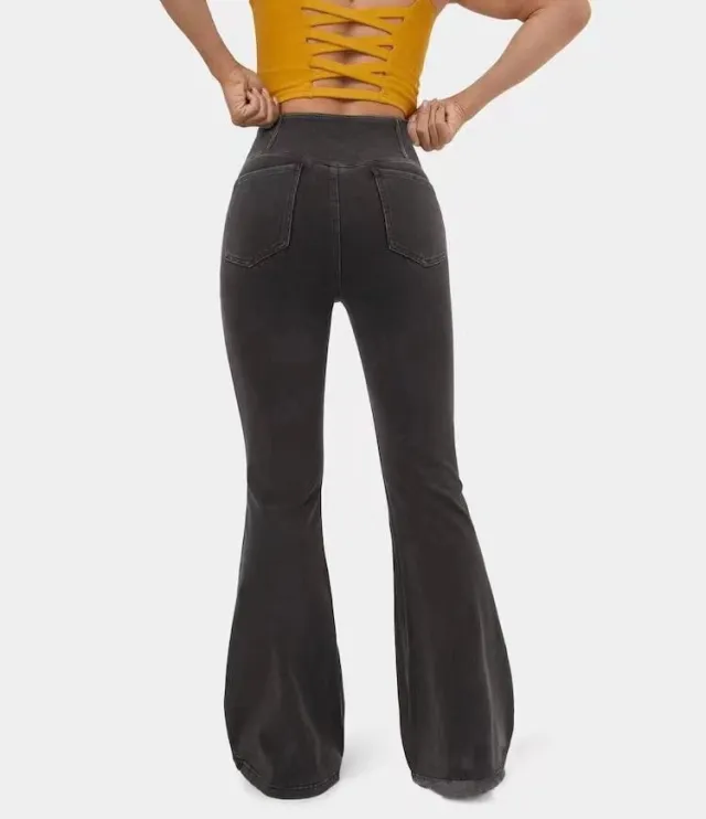 High Imitation Denim Bell bottom Pants Cross border Hip Lifting European And American Women Bell bottom Pants Black Gray - Shop at LoveMi