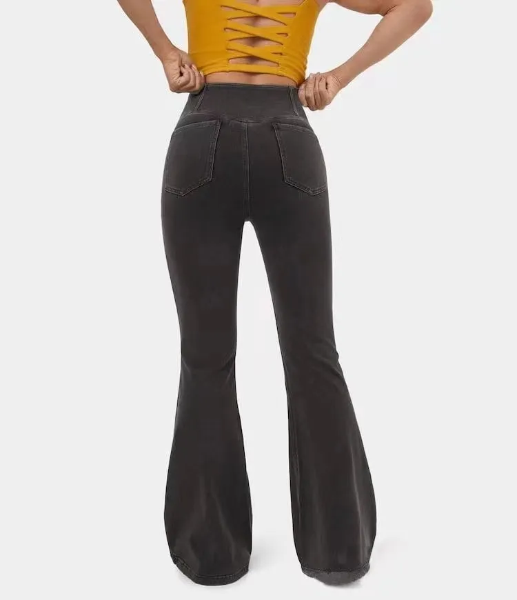 High Imitation Denim Bell-bottom Pants Cross-border Hip Lifting European And American Women Bell-bottom Pants - Gray
