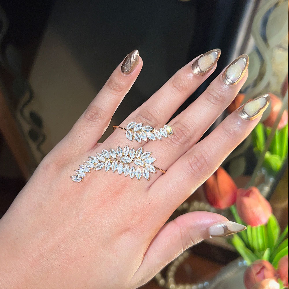 Luxury Cubic Zirconia Double Finger Ring - Leaf Design Linked Adjustable Open Band for Women Fashion Jewelry