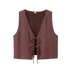 Women's Bow Texture Vest Blouse And Pants - Reddish Brown Vest - View 1