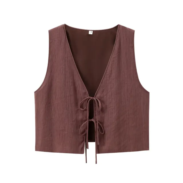 Women's Bow Texture Vest Blouse And Pants Reddish Brown Vest - Shop at LoveMi