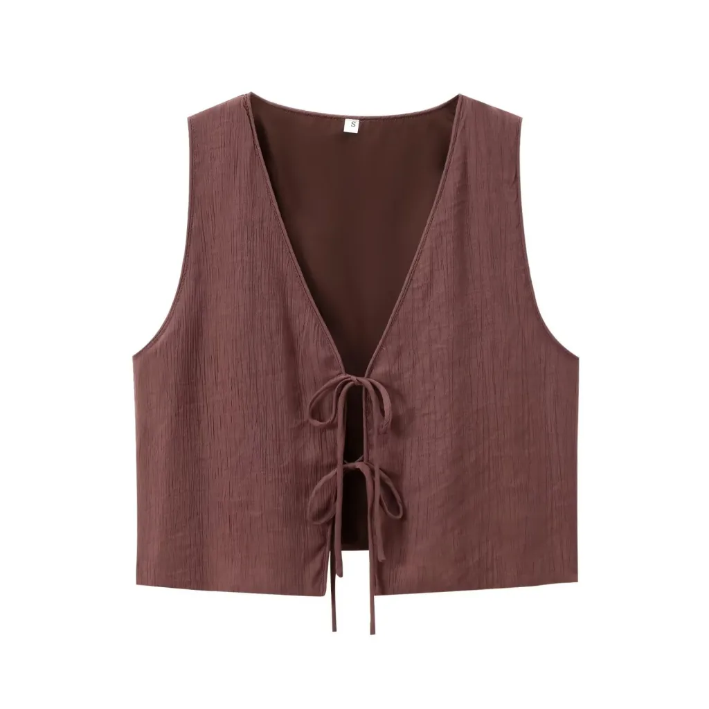 Women's Bow Texture Vest Blouse And Pants - Reddish Brown Vest